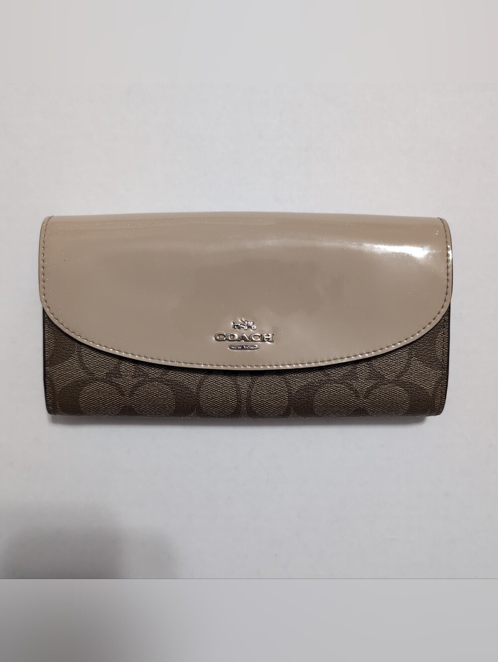 Coach Continental Wallet in Beige and Brown Signature Canvas Iridescent Glitter